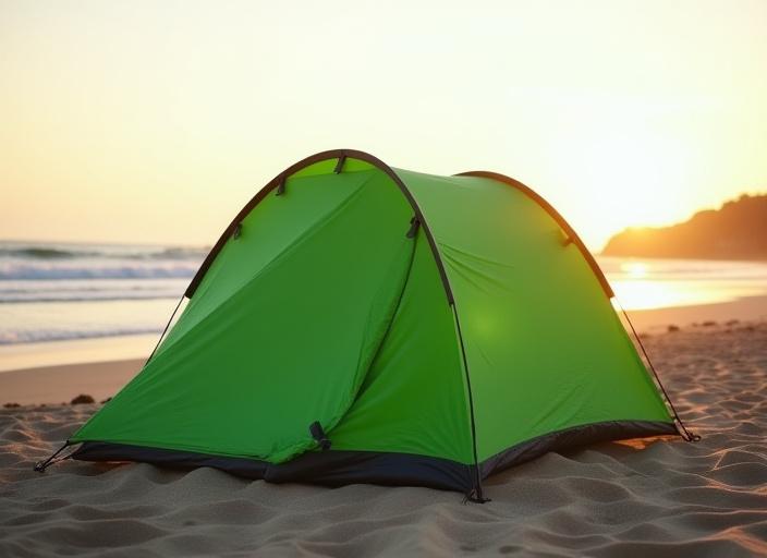 Et grønt 2-personers telt slået op på en strand.