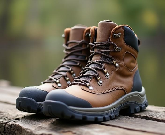 Et par robuste vandrestøvler på en træbænk.